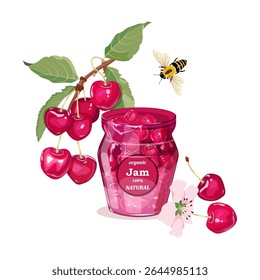 Cherry jam in glass jar, bee and branch with berries cherry. Vector illustration. Homemade sweet food icon on a isolated background.