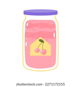 Cherry jam in a glass jar. Cute cartoon print in pastel colors. Vector dessert isolated on white background