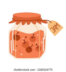 Cherry jam in glass jar. Doodle of home cooking. Healthy Sugar Replacement. Homemade berry jelly cartoon icon. Clipart for decor, sticker, design, card, print. Vector flat illustrations.
