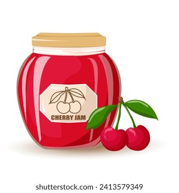 CHerry jam in glass jar and fresh cheries.Natural product. Healthy eating and diet. Design of greeting cards, posters, patches, prints on clothes, emblems.Vector cartoon illustration.