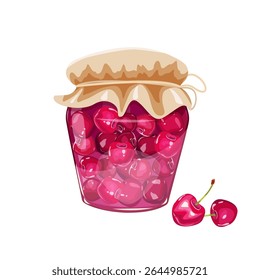 Cherry jam in glass jar and fresh berry. Vector illustration. Homemade sweet food icon on a isolated background.