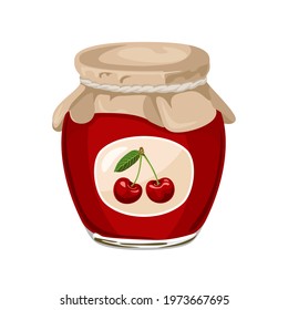 Cherry jam in glass jar isolated on white background. Vector illustration of berry jam in cartoon flat style.