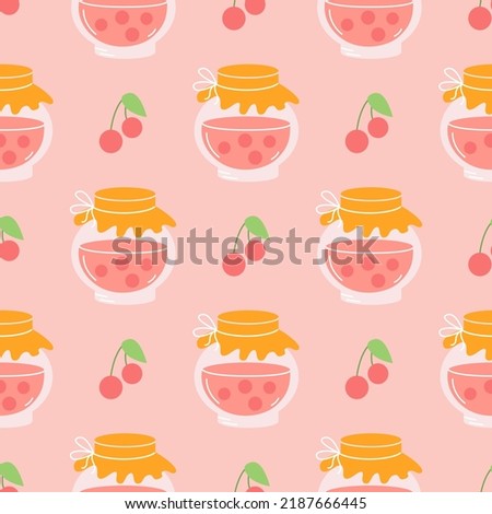 Cherry jam in glass jar on pink background, vector seamless pattern in flat hand drawn style.