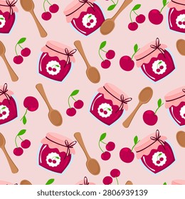 Cherry jam in glass jar seamless pattern. Cherry marmalade. Fruit jam cartoon. Can be used for wallpaper, paper wrapping and fashion fabric