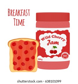 Cherry jam in glass jar, toast with jelly. Made in cartoon flat style. Healthy nutrition.