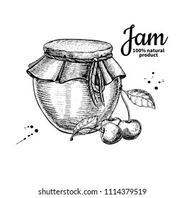 Cherry jam glass jar vector drawing.  Fruit Jelly and marmalade.  Hand drawn food illustration. Sketch style vintage objects for label, icon, packaging design.