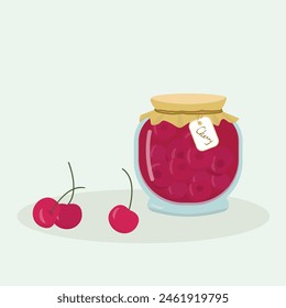 Cherry jam in glass jars in hand drawing style