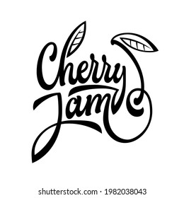 Cherry jam - hand deawn script style lettering logo with fluorishes berry icon. Jam jar design element