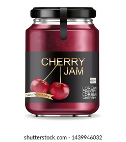 Cherry jam isolated Vector realistic mock up. Product placement label design jar. 3d illustration