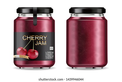 Cherry jam isolated Vector realistic mock up. Product placement label design jar. 3d illustration