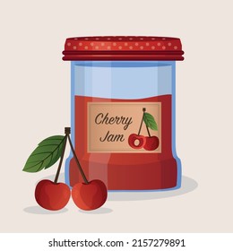 Cherry jam in jar. Cherry confiture. Vector food illustration in cartoon flat style. Breakfast