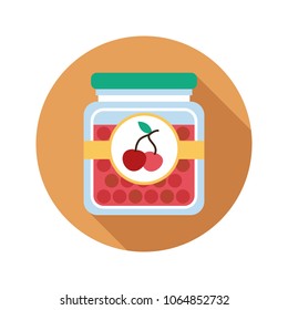 Cherry jam jar flat design long shadow color icon. Fruit preserve. Vector silhouette illustration