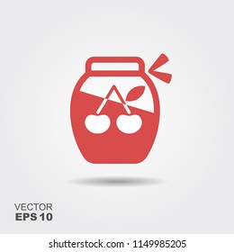 Cherry jam jar flat design icon. Fruit preserve. Vector silhouette illustration