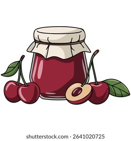 Cherry jam jar with fresh fruit isolated vector illustration on white background