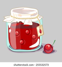 Cherry jam jar icon. Hand drawn vector illustration. Doodle fruit background. Marmalade. 