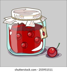Cherry jam jar icon. Hand drawn vector illustration. Doodle fruit background. Marmalade.