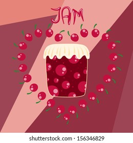 Cherry jam jar inside a heart symbol made of strawberries vector illustration
