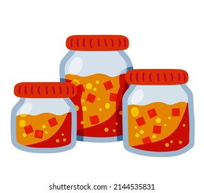 Cherry jam. Jar of red berries and fruit syrup. Glass kitchen utensils. Flat cartoon illustration isolated on white background