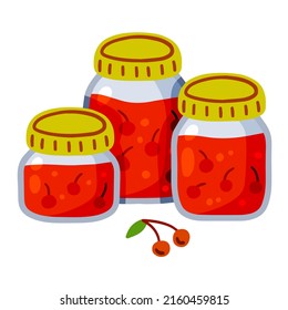 Cherry jam. Jar of red berries and fruit syrup. Glass kitchen utensils. Flat cartoon illustration isolated on white background