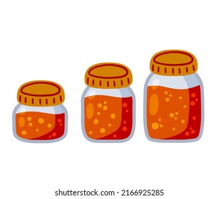 Cherry jam. Jar of red berries and fruit syrup. Glass kitchen utensils. Flat cartoon illustration isolated on white background