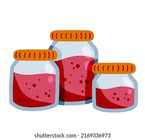 Cherry jam. Jar of red berries and fruit syrup. Glass kitchen utensils. Flat cartoon illustration isolated on white background