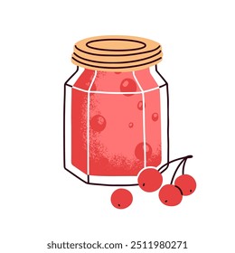 Tarro de mermelada de cereza. Confitura dulce, conserva de bayas naturales. Mermelada enlatada casera. Regalo de verano, confitería de gelatina conservada, postre de frutas. Ilustración vectorial plana aislada sobre fondo blanco