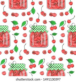 Cherry jam jars and cherries, homemade food. Seamless vector pattern.