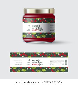 Cherry Jam label and packaging. Jar with cap with label. White strip with text and on seamless pattern with berries, flowers and leaves.