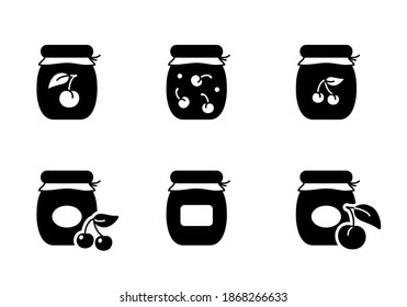 Cherry jam. Outline icons set of different jars of sweet canned food. Black simple illustration of berry confiture, dessert, home preservation. Silhouette isolated vector pictogram, white background