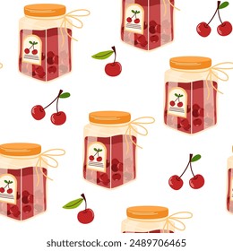 Cherry jam seamless pattern. Confiture, jelly preserves, homemade marmalade. Endless background, texture, print for wallpaper, textile, wrapping design. Colored flat vector illustration