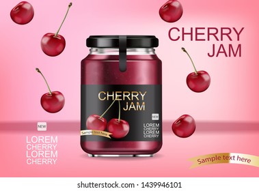 Cherry jam Vector realistic mock up. Product placement label design jar. 3d illustration