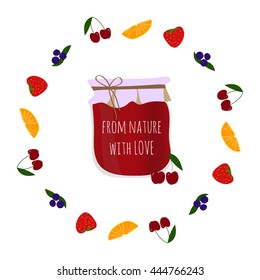 Cherry jam-jar in fruits circle, element for design
