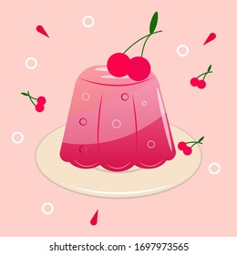 gelatina de cereza sobre fondo rosa, ilustración plana