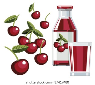 Cherry juice with bottle and glass