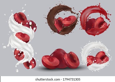 Cherry juice, cherry in chocolate, milk splash. Collection fresh cherry. Sweet dessert. 3D realistic cherry. Vector illustration.