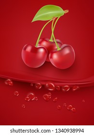 Cherry juice close up. Fresh cherry juice. 3d vector illustration.