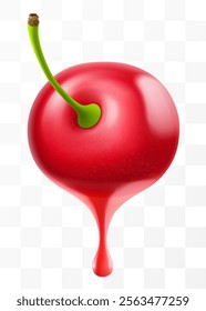 Cherry juice dripping from fresh ripe cherry berry, isolated on transparent background. Sweet cherry with fresh juice. Bright summer design. Realistic 3d vector illustration