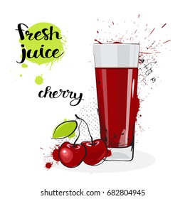 Cherry Juice Fresh Hand Drawn Watercolor Vegetable And Glass On White Background Vector Illustration