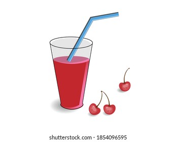 Cherry juice in a glass cup with ripe berries nearby. Vector drawing for design.