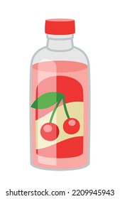 Icono de jugo de cereza. Botella de plástico con cóctel y refresco. Bebida hecha de bayas y frutas naturales y frescas. Vitaminas y oligoelementos. Bebida y sabroso líquido. Dibujo vectorial plano de dibujos animados