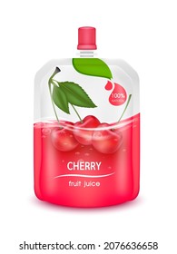 Cherry  juice jelly drink in foil pouch with top cap and design of cherry fruit red packaging mock up. Isolated on a white background. Realistic 3D vector EPS10 illustration. svg