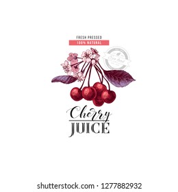 Plantilla de logotipo de jugo de cerezo con bifurcación de cerezo dibujada a mano y diseño de tipo. Ilustración del vector