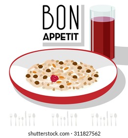 Cherry juice muesli illustration. 'Bon Appetit' inscription.