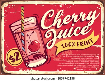 Cherry juice Retro sign with glass of sweet drink. Natural organic product. Vector billboard template.