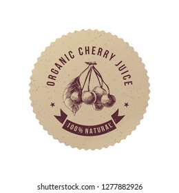 Cherry juice round emblem with hand drawn cherry branch. Vector illustration