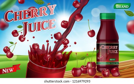 Cherry juice with splash isolated on bokeh background. Juice container package ad. 3d realistic ripe cherry Vector illustration for your design