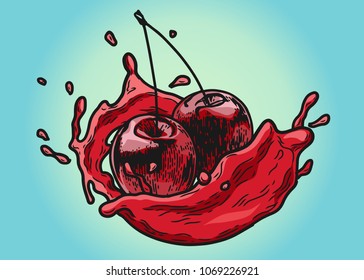 Cherry with juice splashing. Vintage vector engraving illustration for web, poster. Hand drawn design element isolated on blue background.