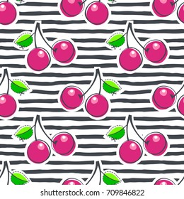Cherry juicy fruit. Vector illustration of seamless pattern.