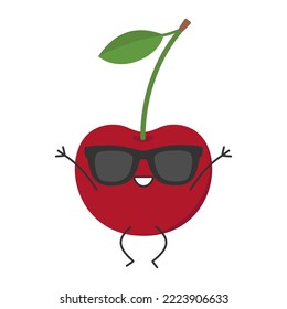 Cherry jumping greeting cute character cartoon juicy sweet fruit smiling face cheerful kawaii joy happy emotions icon vector illustration.