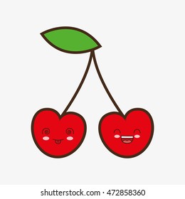 cherry kawaii cartoon smiling healthy food icon. Colorful and flat design. Vector illustration